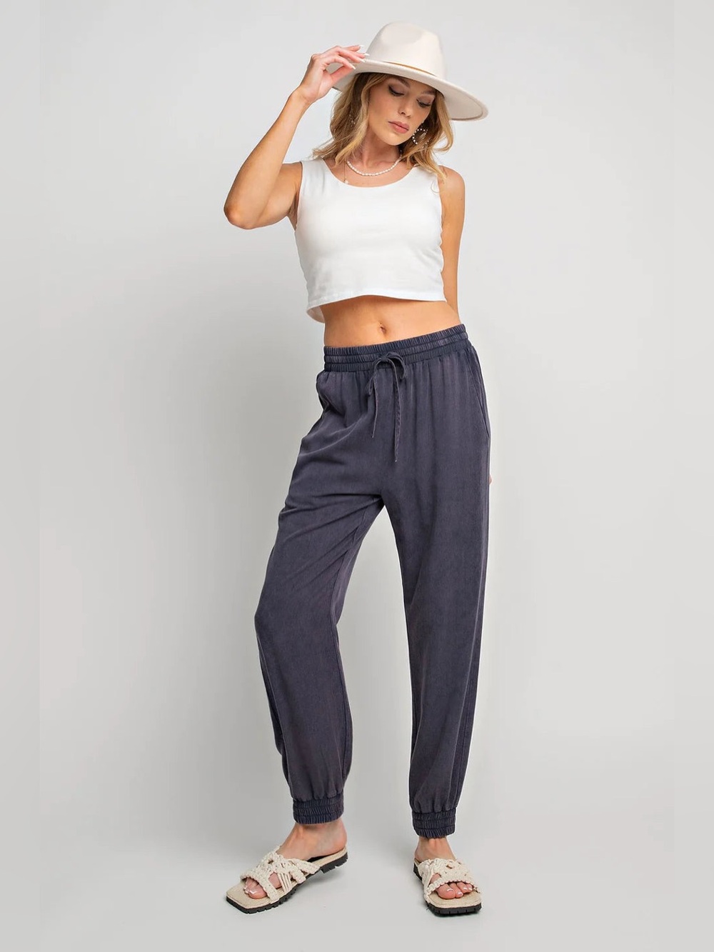 Easel Washed Navy Mineral Wash Tencel Jogger Pants Drawstring Washed Navy Large